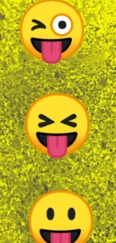 Three expressive emojis on a vibrant yellow textured background.