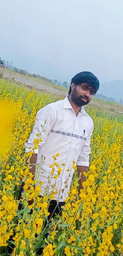 Man standing in vibrant yellow flower field, under cloudy sky.