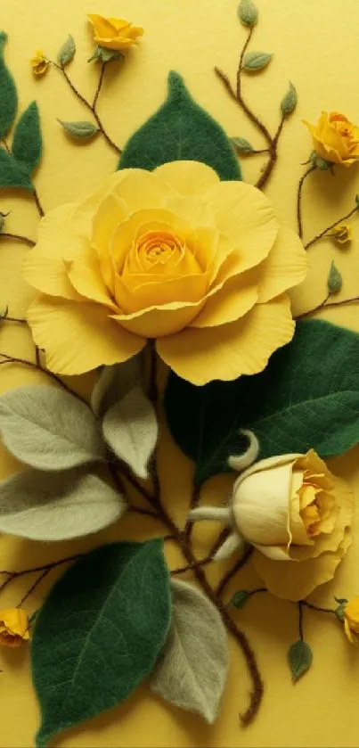 Yellow rose and green leaf floral wallpaper design.