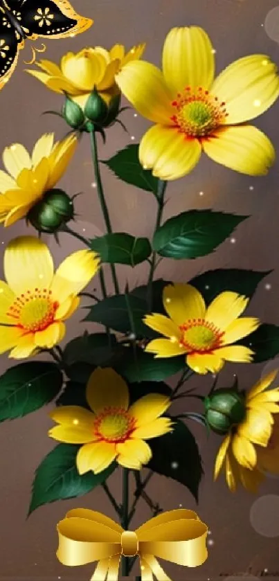 Yellow flowers with green leaves and a butterfly on a mobile wallpaper.