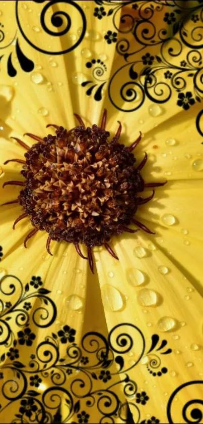 Yellow flower with black swirls and dewdrops wallpaper.