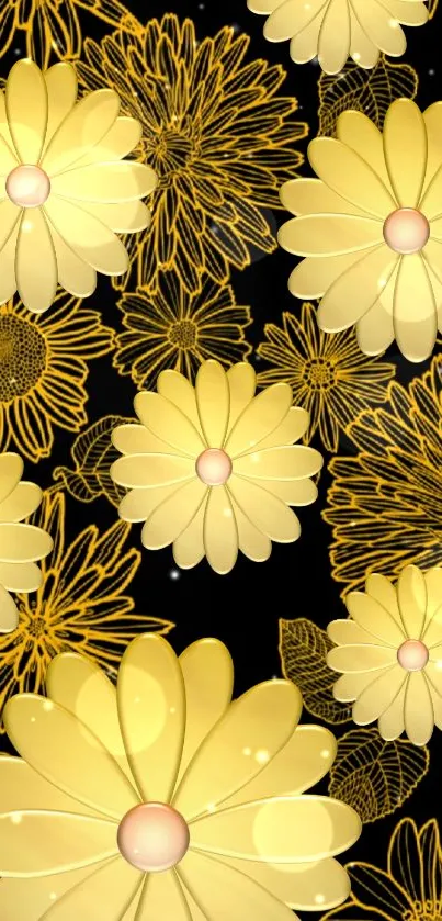 Yellow floral pattern on black phone wallpaper.