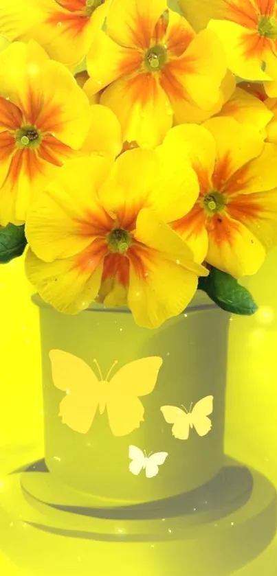 Yellow flowers in vase with butterfly accents, vibrant design.