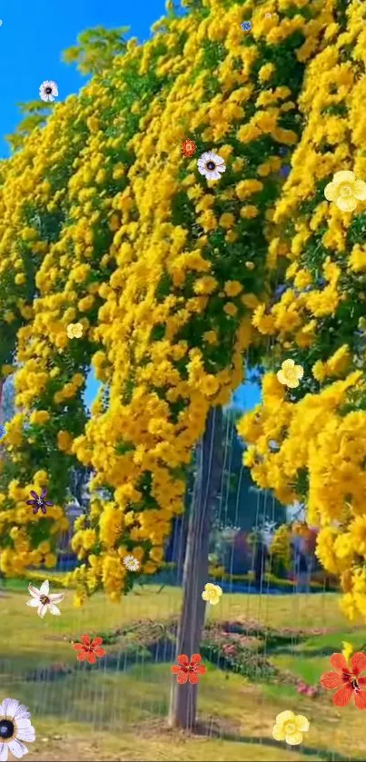 Yellow flowers cascading in a vibrant arch under a clear blue sky.