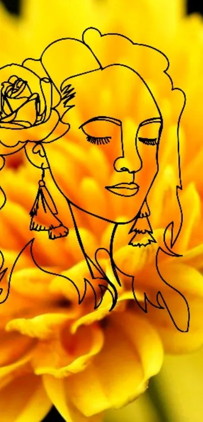 Yellow flower with line art of a woman's face in minimalist style.