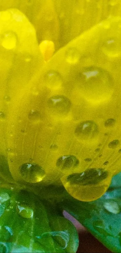 Close-up of a yellow flower with dewdrops glistening on its petals.