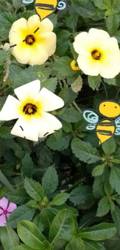 Yellow flowers with animated bees in a lush garden setting.