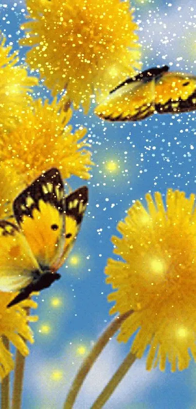 Yellow flowers and butterflies on a blue sky background.