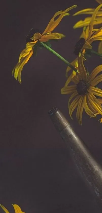 Yellow flowers in a rustic metal vase, set against a dark backdrop.