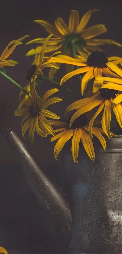 Yellow flowers in a rustic metal watering can, set against a dark background.