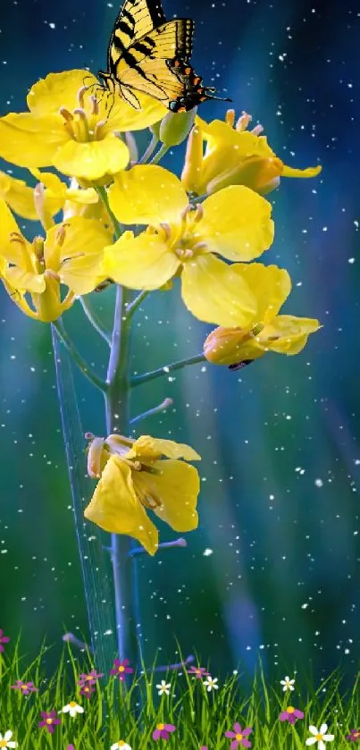 Yellow flowers with butterfly on blue background.