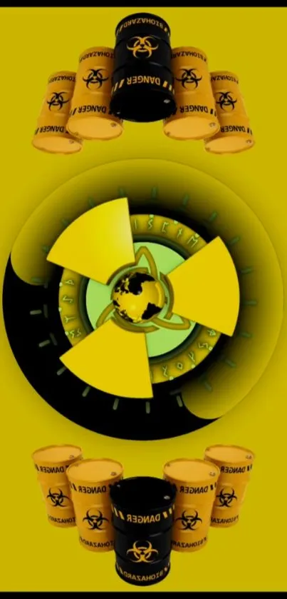 Bright yellow and black hazard-themed mobile wallpaper with barrels and symbol.