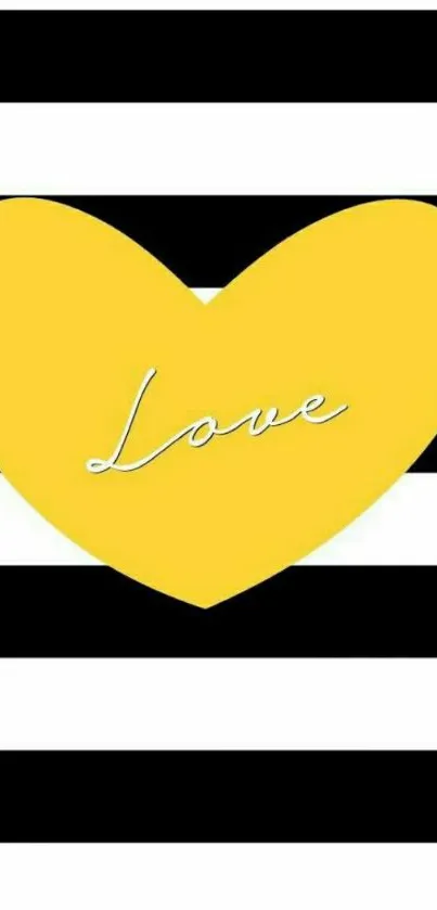 Yellow heart on black and white striped background wallpaper.