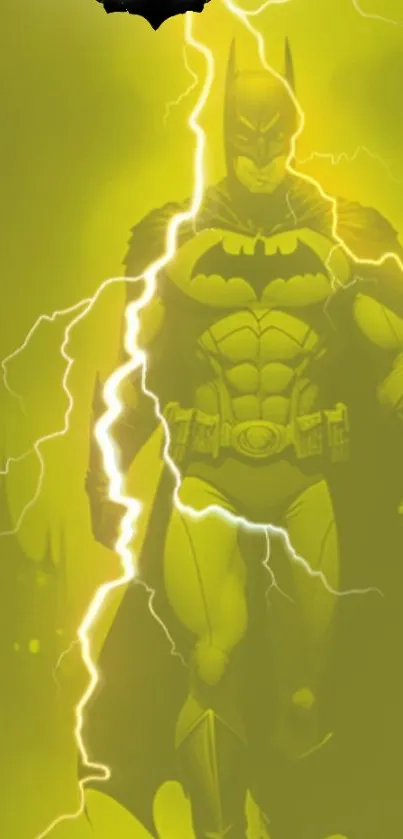 Superhero stands in lightning with yellow background.