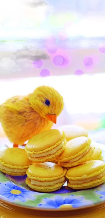 Yellow macarons and a duckling on a decorative plate.