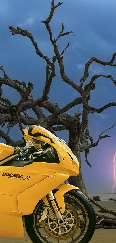 Yellow motorcycle against stormy desert backdrop with lightning.