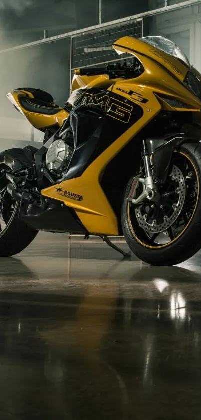 Yellow motorcycle in a sleek design, perfect for bike enthusiasts.