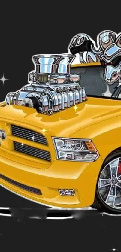 Yellow muscle car with powerful engine on a dark background.