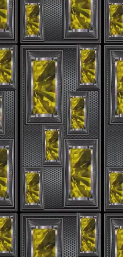 Yellow and black geometric patterned wallpaper design.