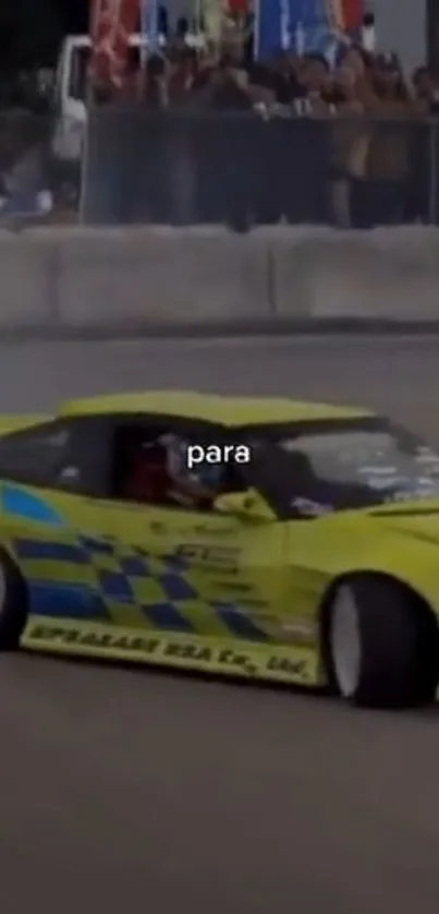 Yellow racing car drifting in action.