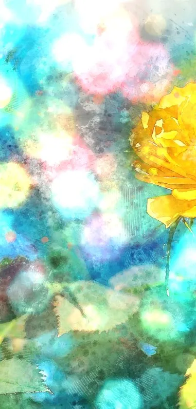 Artistic yellow rose with blue watercolor background on mobile wallpaper.