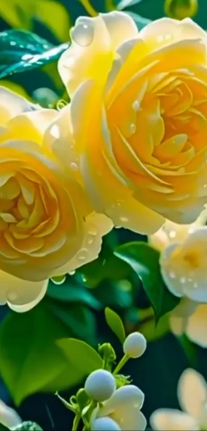 Close-up of yellow roses with fresh dew.