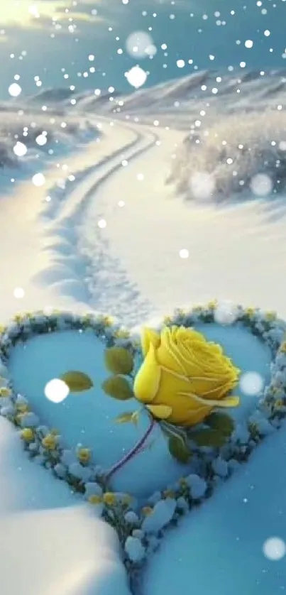 Yellow rose on a snowy heart-shaped path in winter.