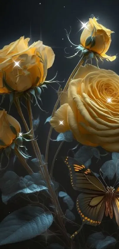 Aesthetic yellow roses and butterflies on a dark background wallpaper.