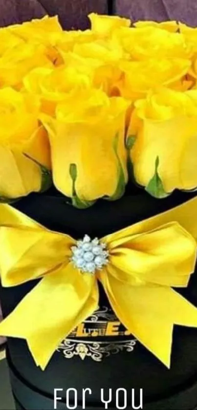 A beautiful bouquet of yellow roses with a yellow ribbon.