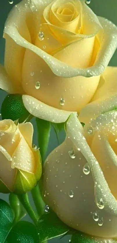 Yellow roses with dewdrops on a green background.