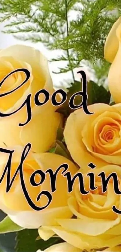 Yellow roses with 'Good Morning' text in elegant design.