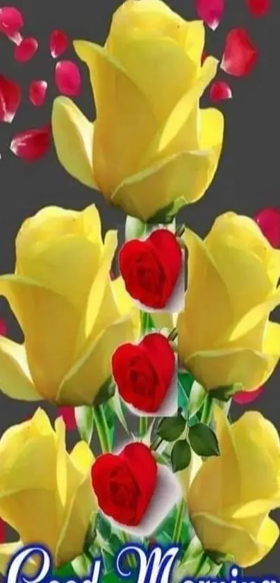 Yellow roses and red petals mobile wallpaper with 'Good Morning' text.