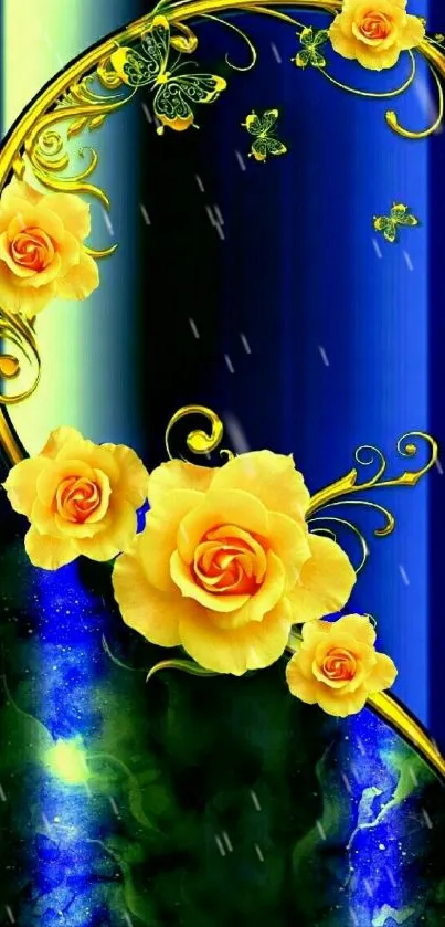 Vibrant wallpaper with yellow roses on a blue background.