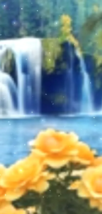 Waterfall with vibrant yellow roses in foreground.