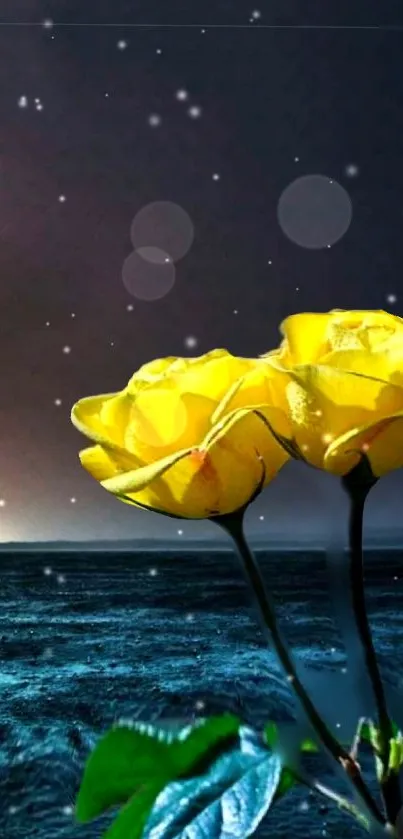 Yellow roses against a starry night ocean backdrop.