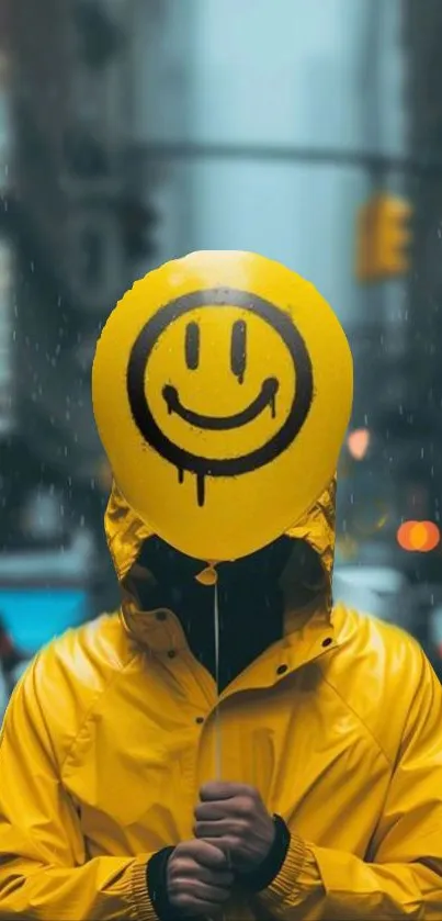 Yellow smiley face balloon in rainy city street scene.