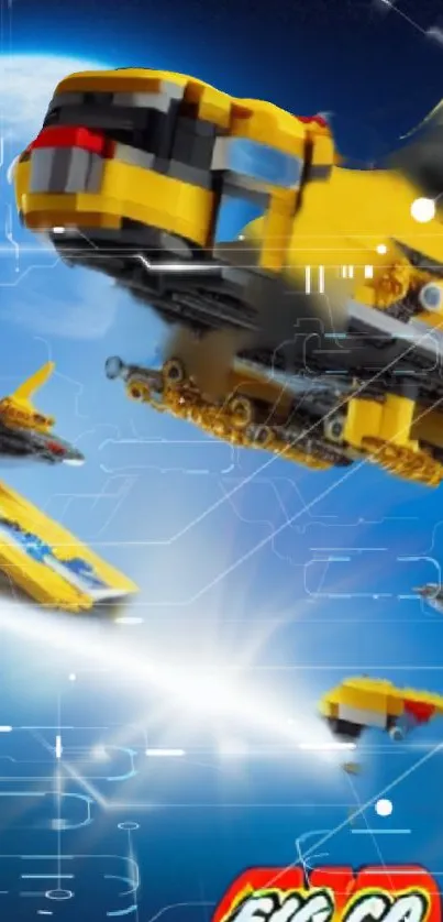 Yellow LEGO spaceship mobile wallpaper in space.