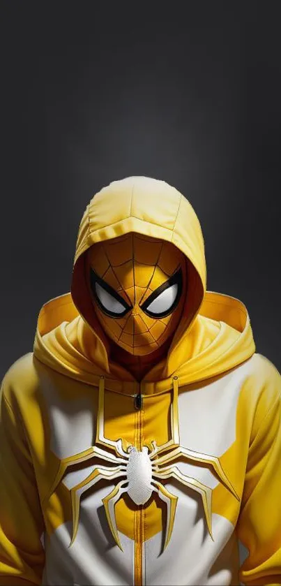 Person in yellow spider hoodie with dark background.