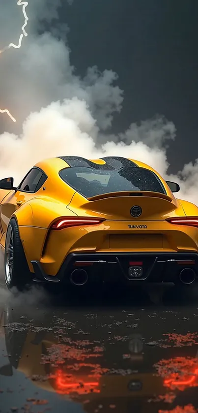 Yellow sports car with lightning in background