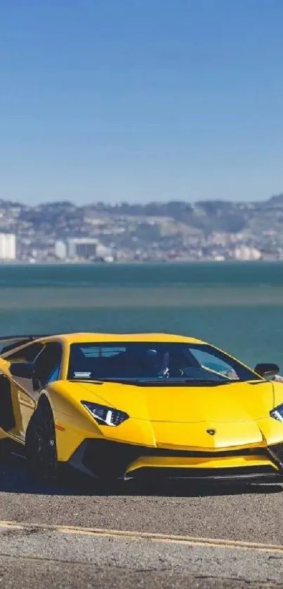 Yellow sports car parked by the coastal seaside under blue sky.