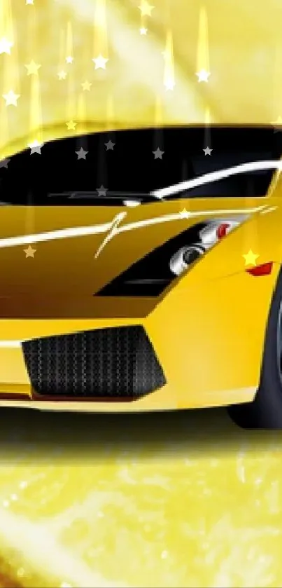 Yellow sports car on a citrus fruit background, vibrant and fresh.