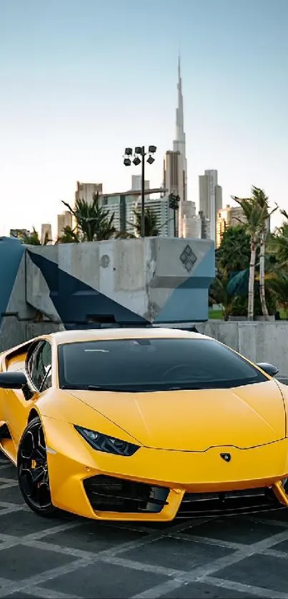 Yellow sports car parked in a city with skyline and palm trees in the background.