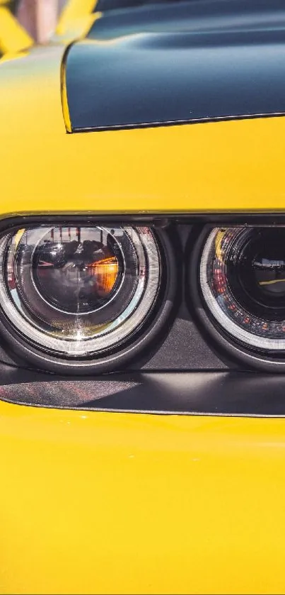 Close-up of a vibrant yellow sports car with sleek design and headlights.