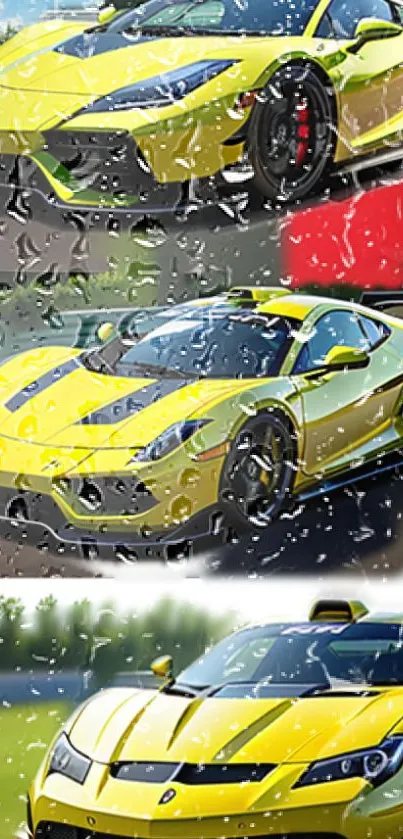 Yellow sports cars with rain effect on a track.