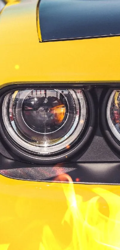 Close-up of yellow sports car headlight with flame design.