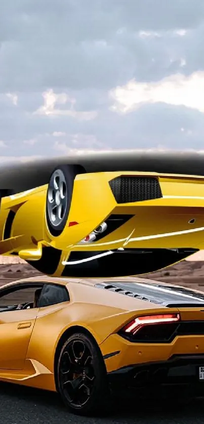 Yellow sports car in an illusionary flip over a desert road.