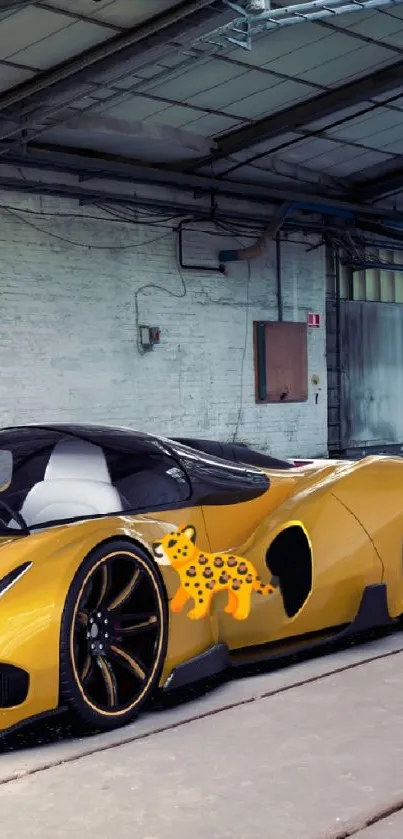 Yellow sports car in an urban warehouse setting on a phone wallpaper.