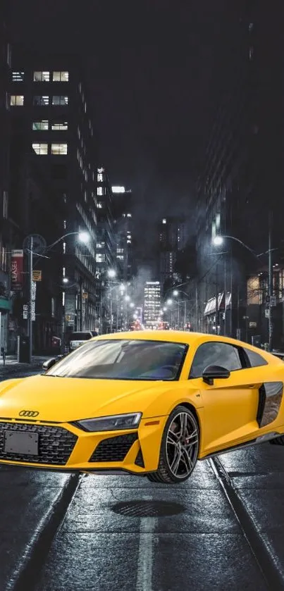 Yellow sports car on city street at night, under glowing lights.