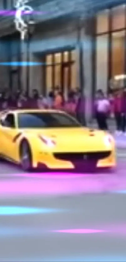 Yellow sports car turning a city corner.