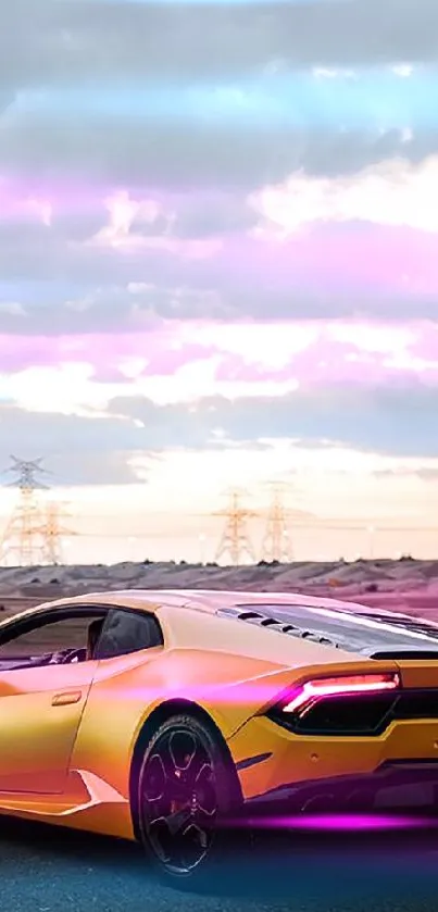 Yellow sports car driving on desert road at sunset.